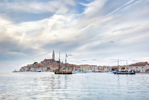 Late afternoon in the old Istrian town of Rovinj or Rovigno in the Adriatic Sea of Croatia with the Saint Euphemia’s Basilica dominating the town.